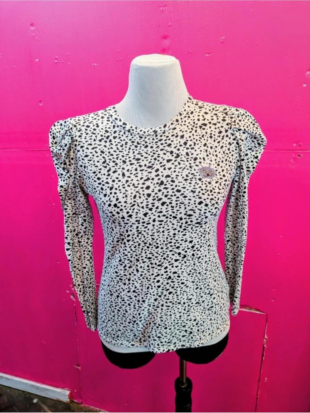 Animal Print Cat Upcycled Puffed Sleeve Shirt M